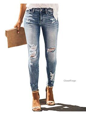 High Rise Skinny Stretch Ripped Denim Jeans Distressed Casual Pants